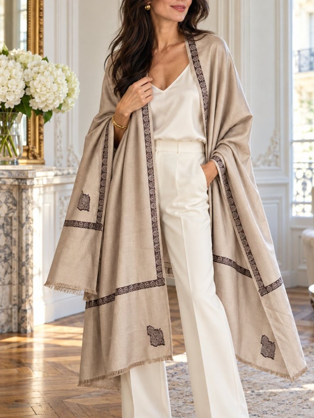 Oswal 100% Pure New Wool Shawl Taupe Beige Brown Paisley Border Fringe Wrap 81"
